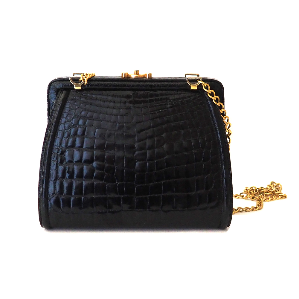 Tracolla vintage nera in pelle di coccodrillo ~ Arte Vintage Shop